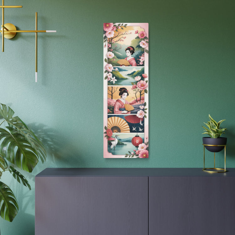 Japanese Geisha Metal Art Sign Vertical Cherry Blossom Fan Wall Decor - The Art Hub