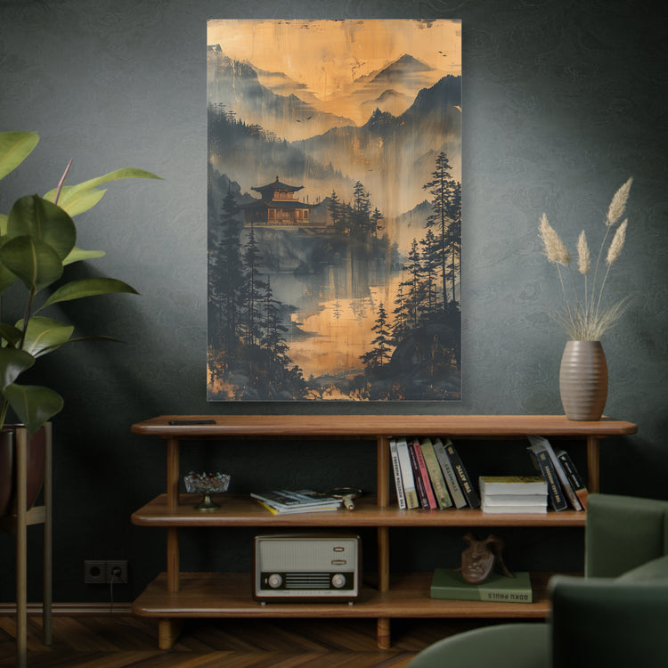 Golden Mist Mountain Landscape Canvas — Asian Pagoda Wall Art - The Art Hub
