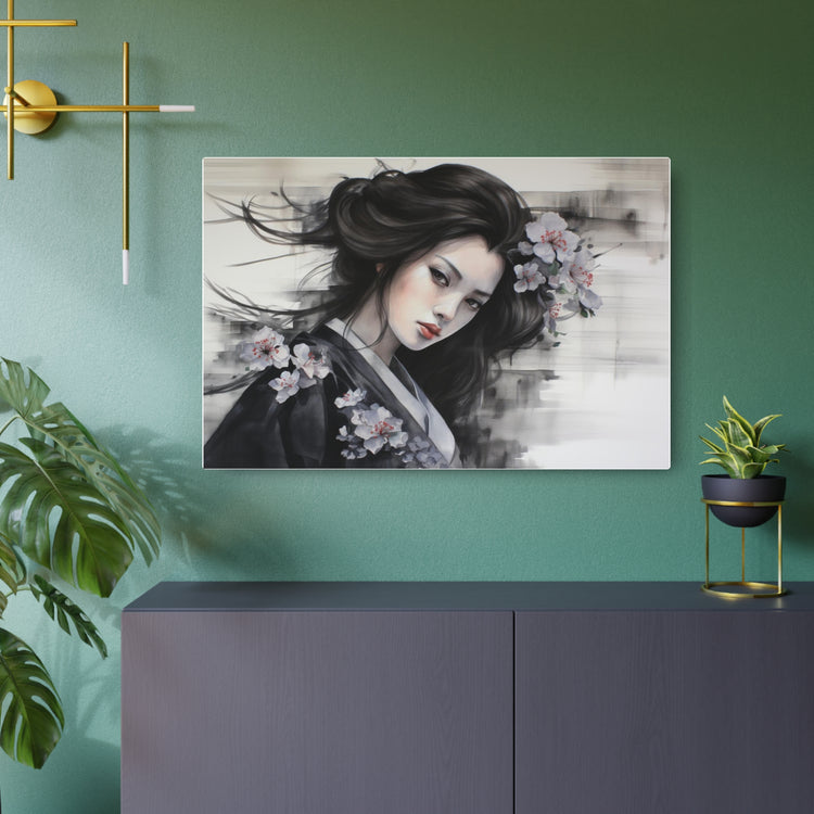 Metal Art Elegant Geisha Portrait Wall Decor with Cherry Blossoms - The Art Hub
