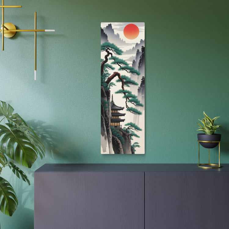 Japanese Mountain Pagoda with Pine Trees and Red Sun Wall Decor - The Art Hub