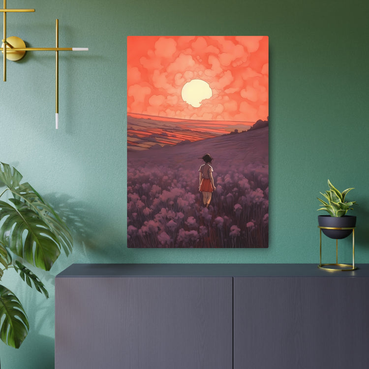 Sunset Meadow Metal Art — Girl Walking Through Lavender Field Wall Decor - The Art Hub