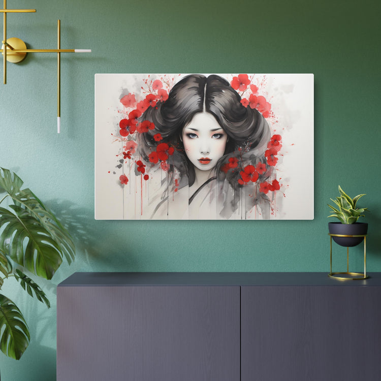 Metal Art Ethereal Geisha Portrait with Red Poppies Japanese-Inspired Wall Decor - The Art Hub