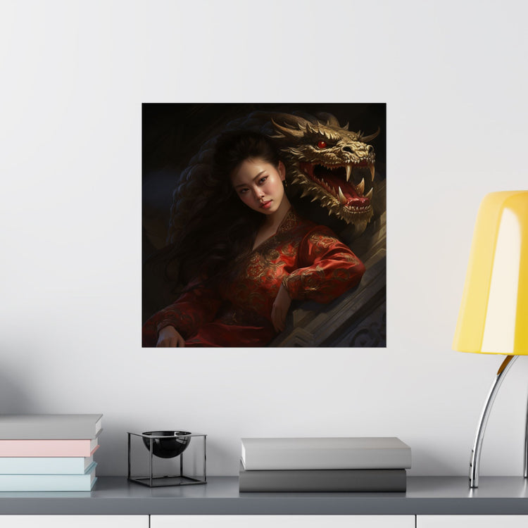Matte Vertical Poster — Asian Warrior Woman with Dragon Art Print - The Art Hub
