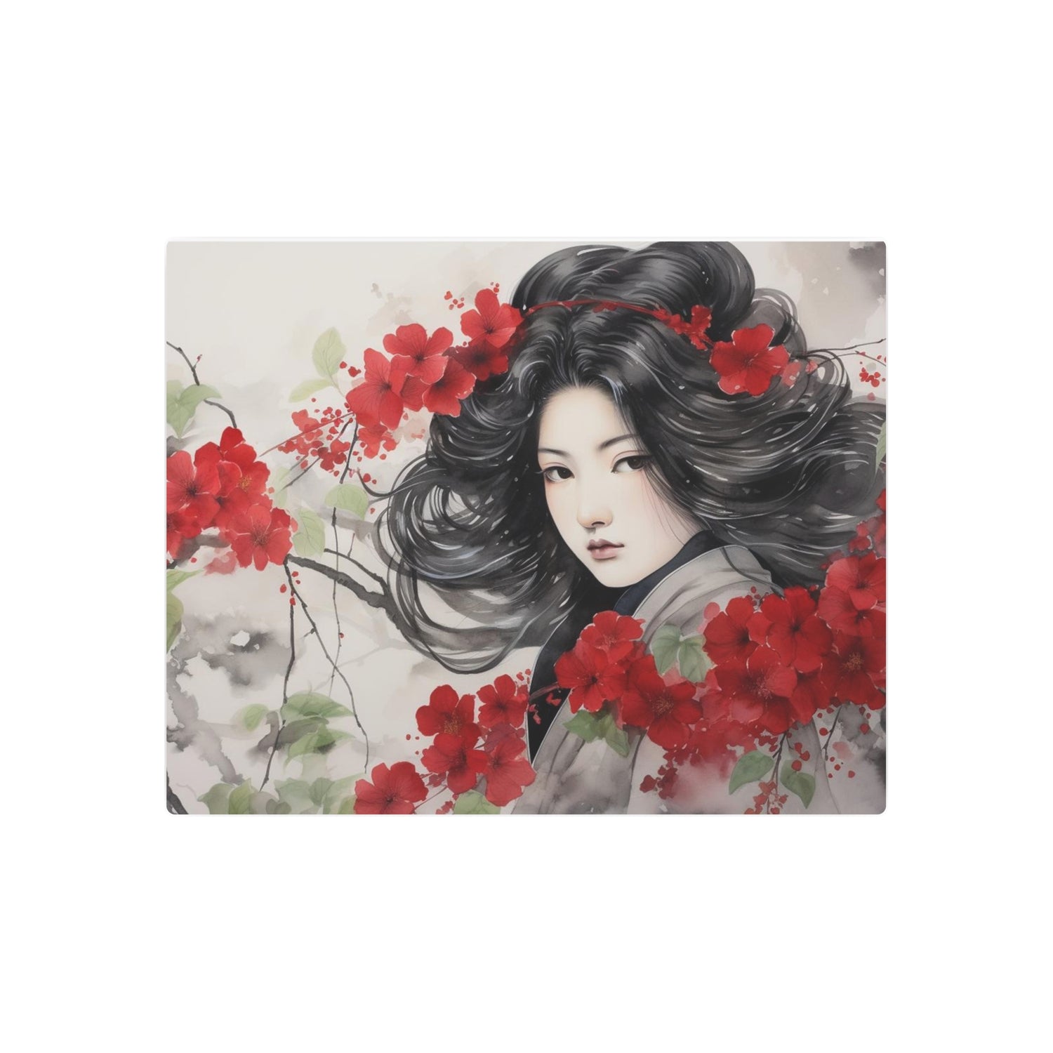 Metal Art Asian Woman with Red Blossoms Decorative Wall Art - The Art Hub