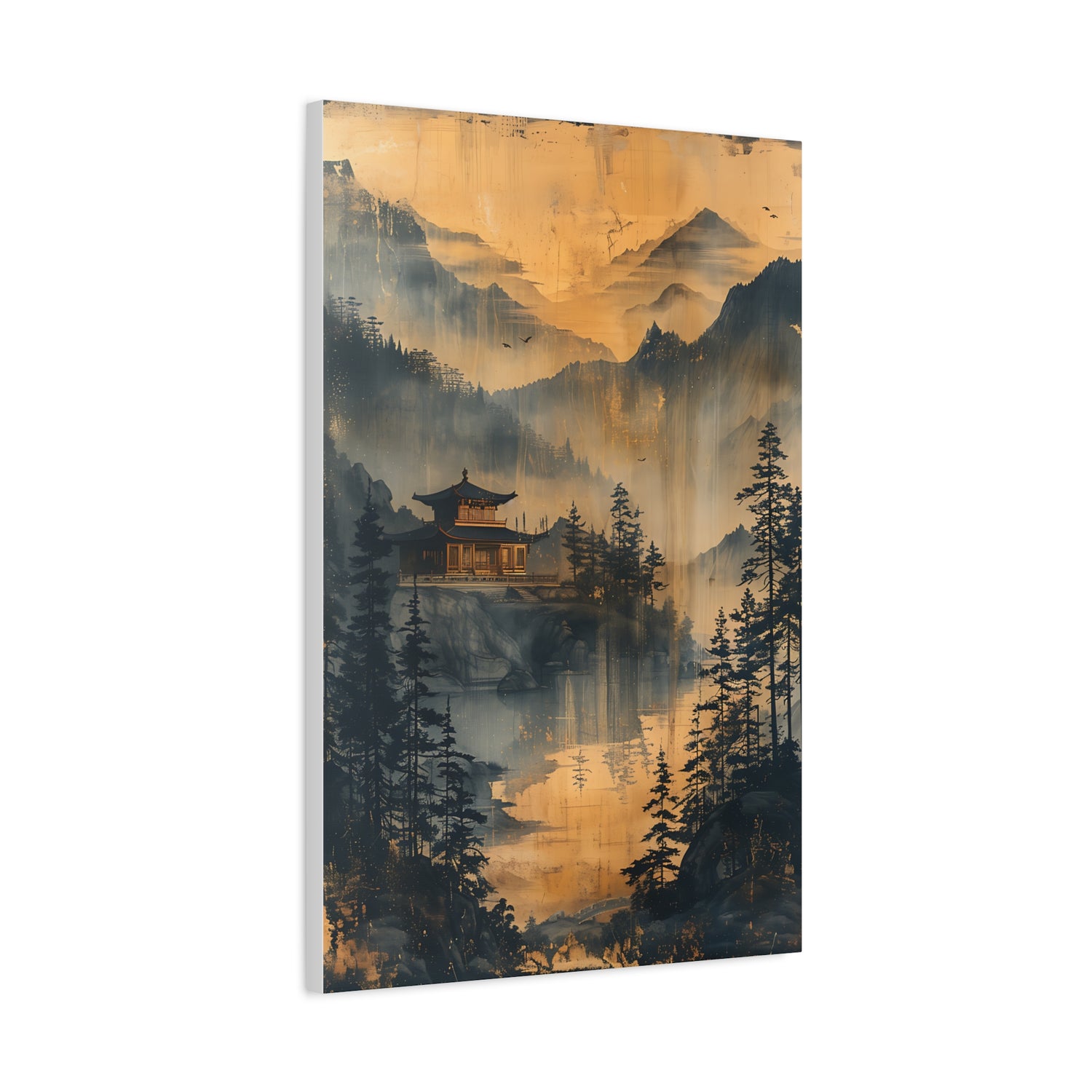 Golden Mist Mountain Landscape Canvas — Asian Pagoda Wall Art - The Art Hub
