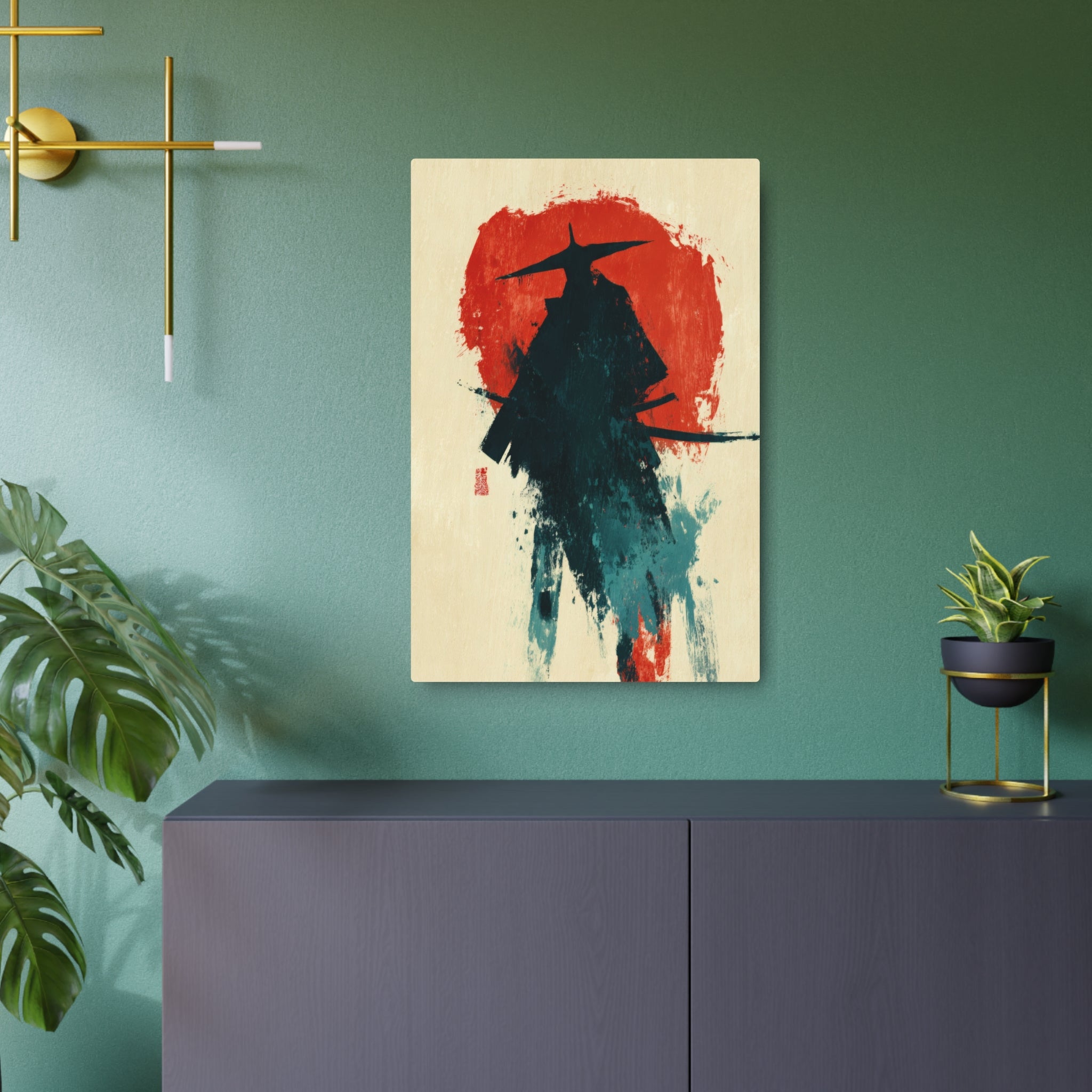 Samurai Silhouette Metal Art Sign — Japanese Ink Wash Wall Decor