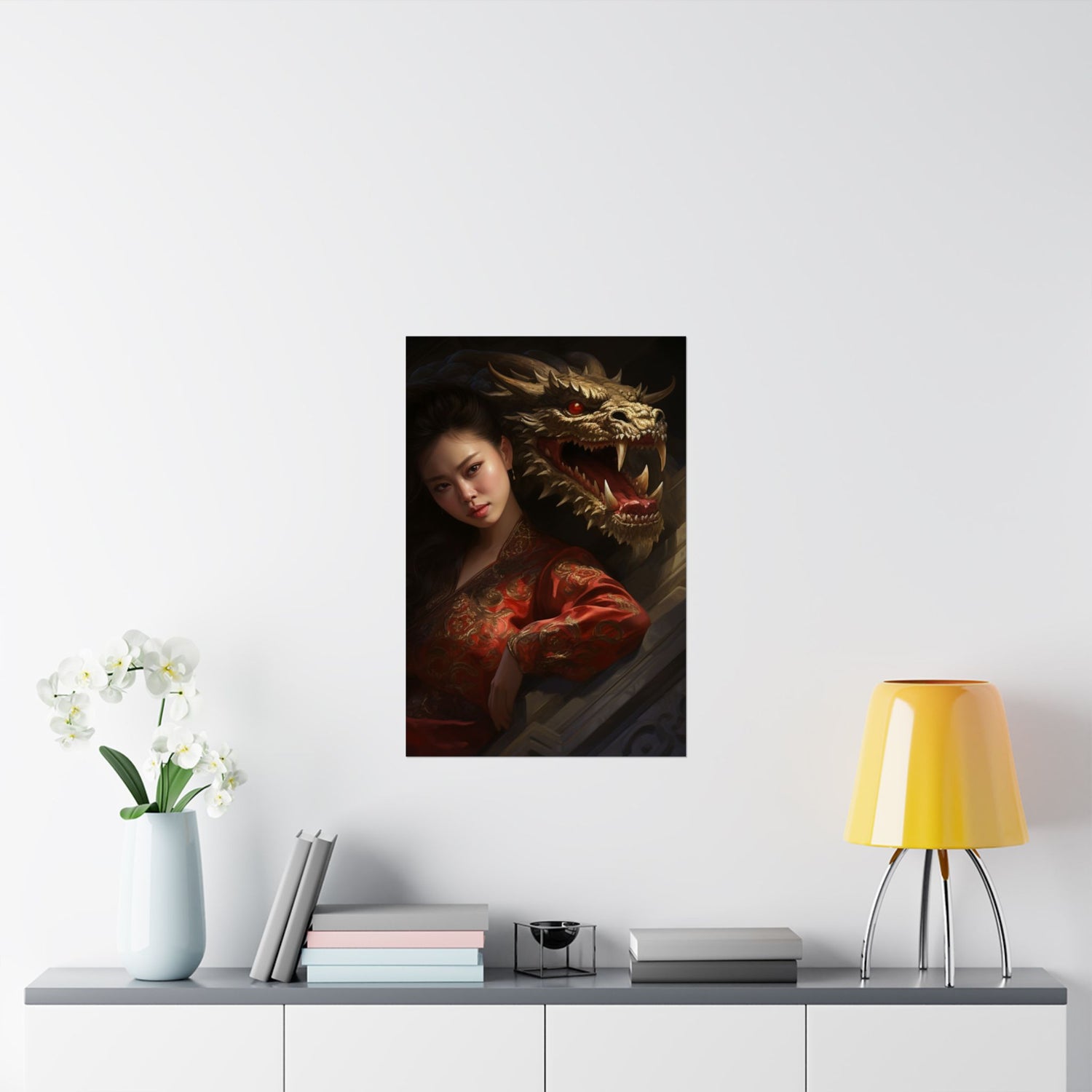 Matte Vertical Poster — Asian Warrior Woman with Dragon Art Print - The Art Hub