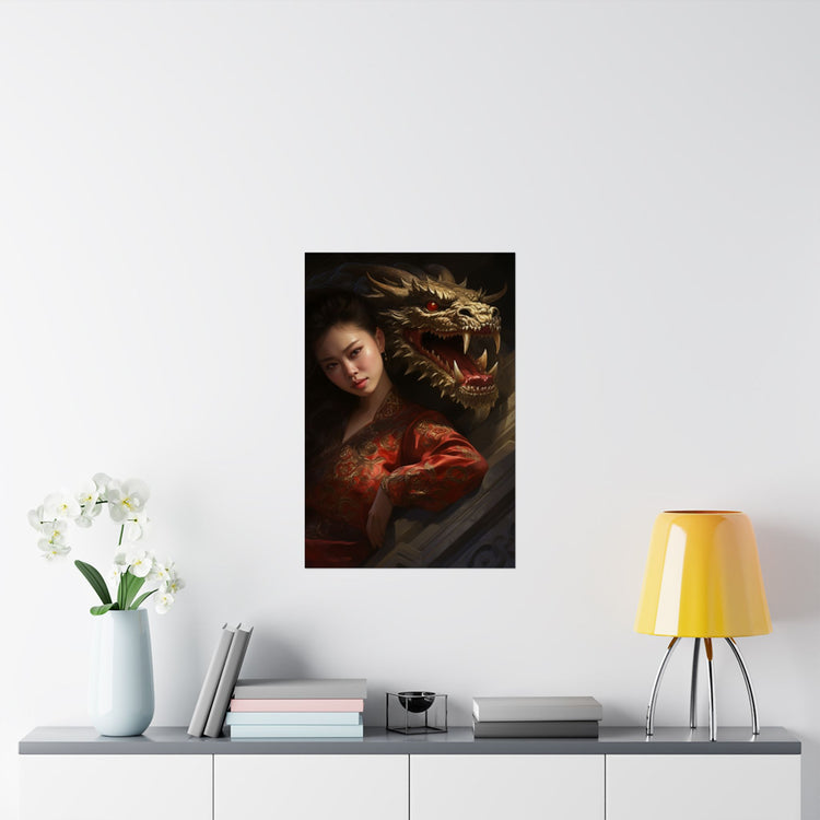 Matte Vertical Poster — Asian Warrior Woman with Dragon Art Print - The Art Hub