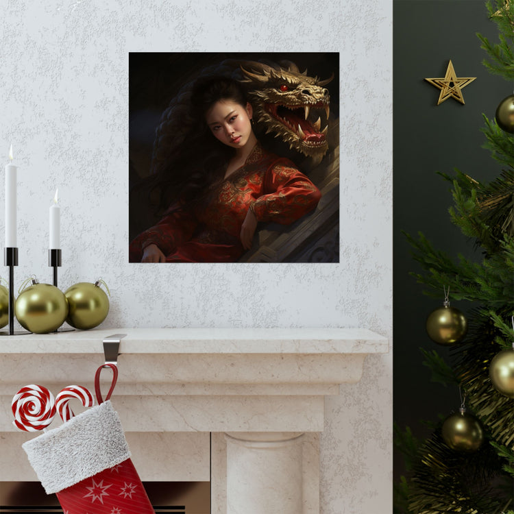 Matte Vertical Poster — Asian Warrior Woman with Dragon Art Print - The Art Hub
