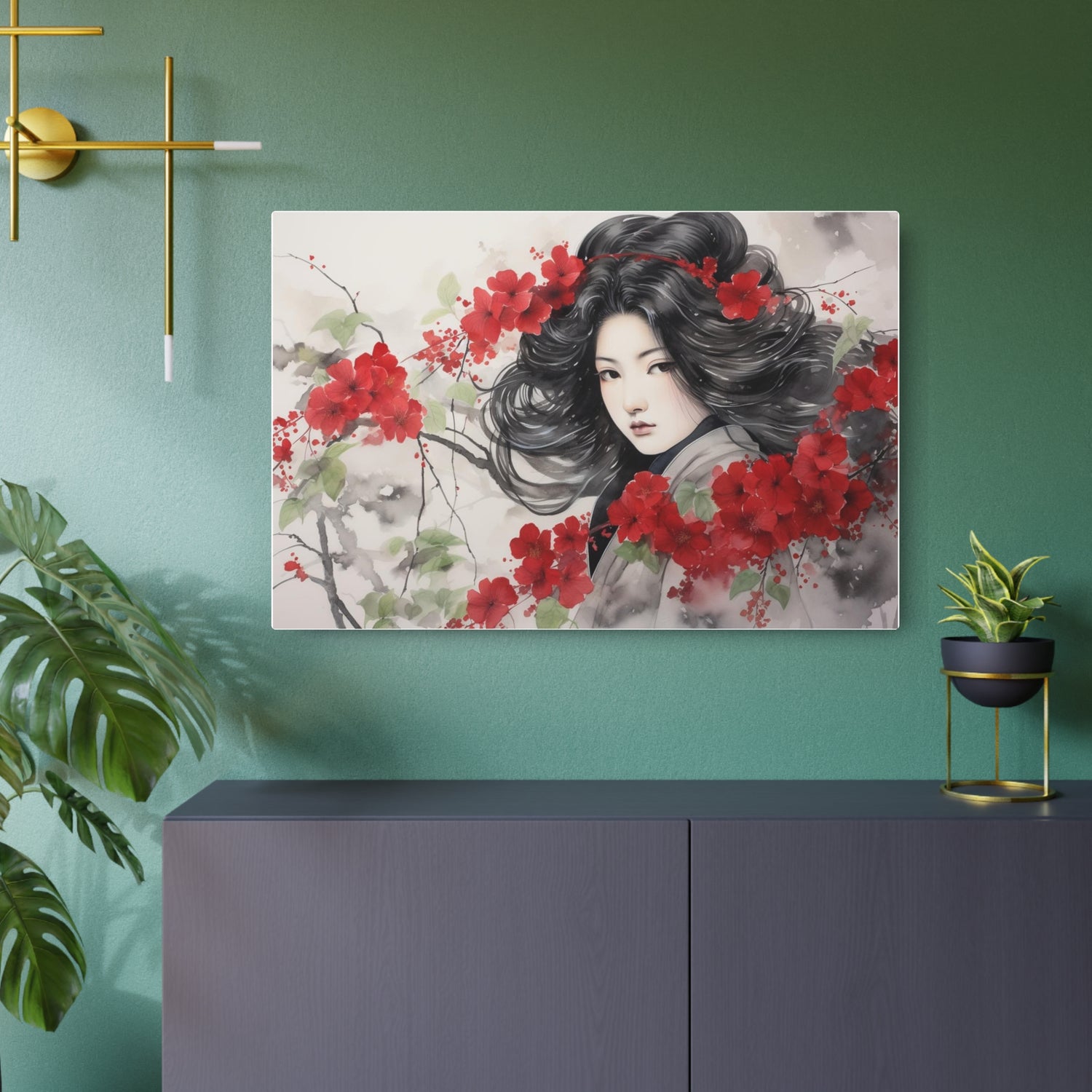Metal Art Asian Woman with Red Blossoms Decorative Wall Art - The Art Hub