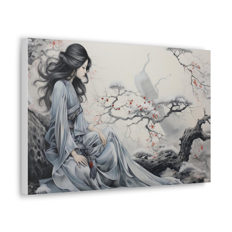 Canvas Wall Art Serene Geisha in Misty Cherry Blossom - The Art Hub