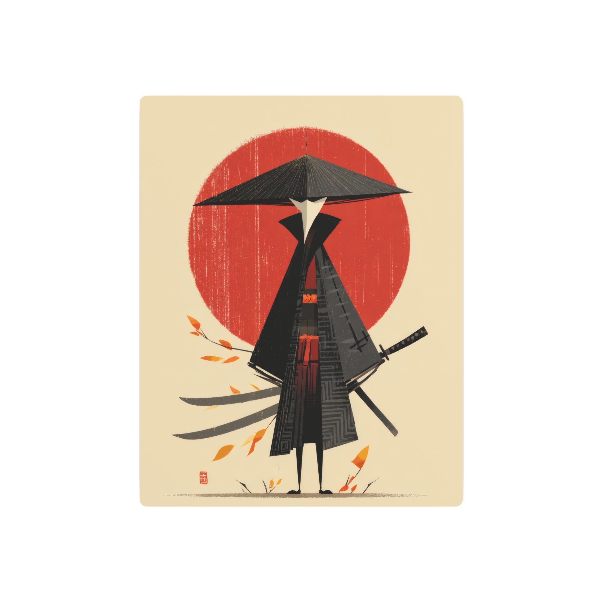 Samurai Metal Art Sign — Minimal Japanese Warrior Wall Decor with Red Sun