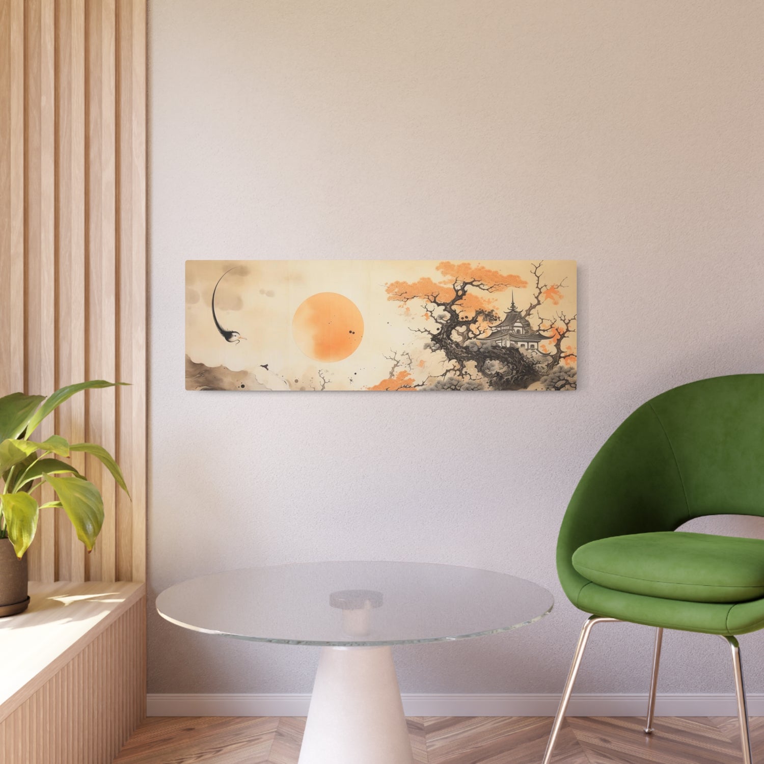 Japanese Landscape Metal Art Orange Sun & Bonsai Trees Wall Decor - The Art Hub