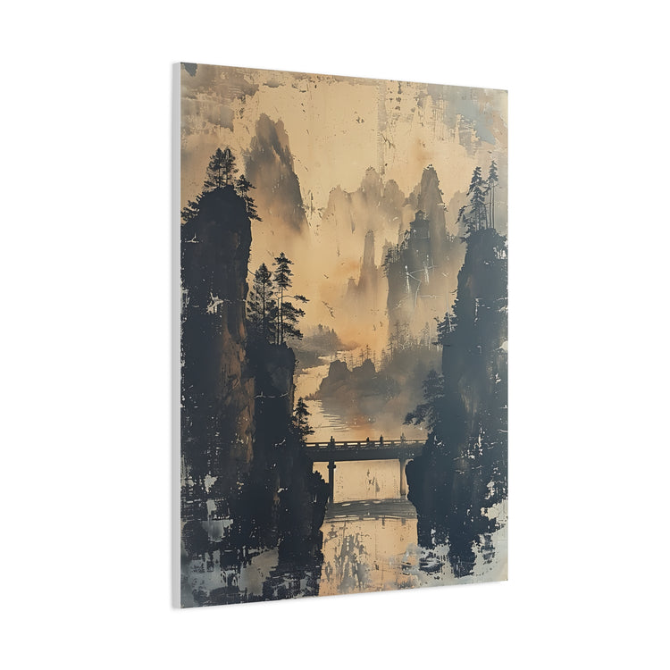 Serene Mountain Bridge Canvas Wall Art — East Asian Landscape Matte Stretched Print - The Art Hub