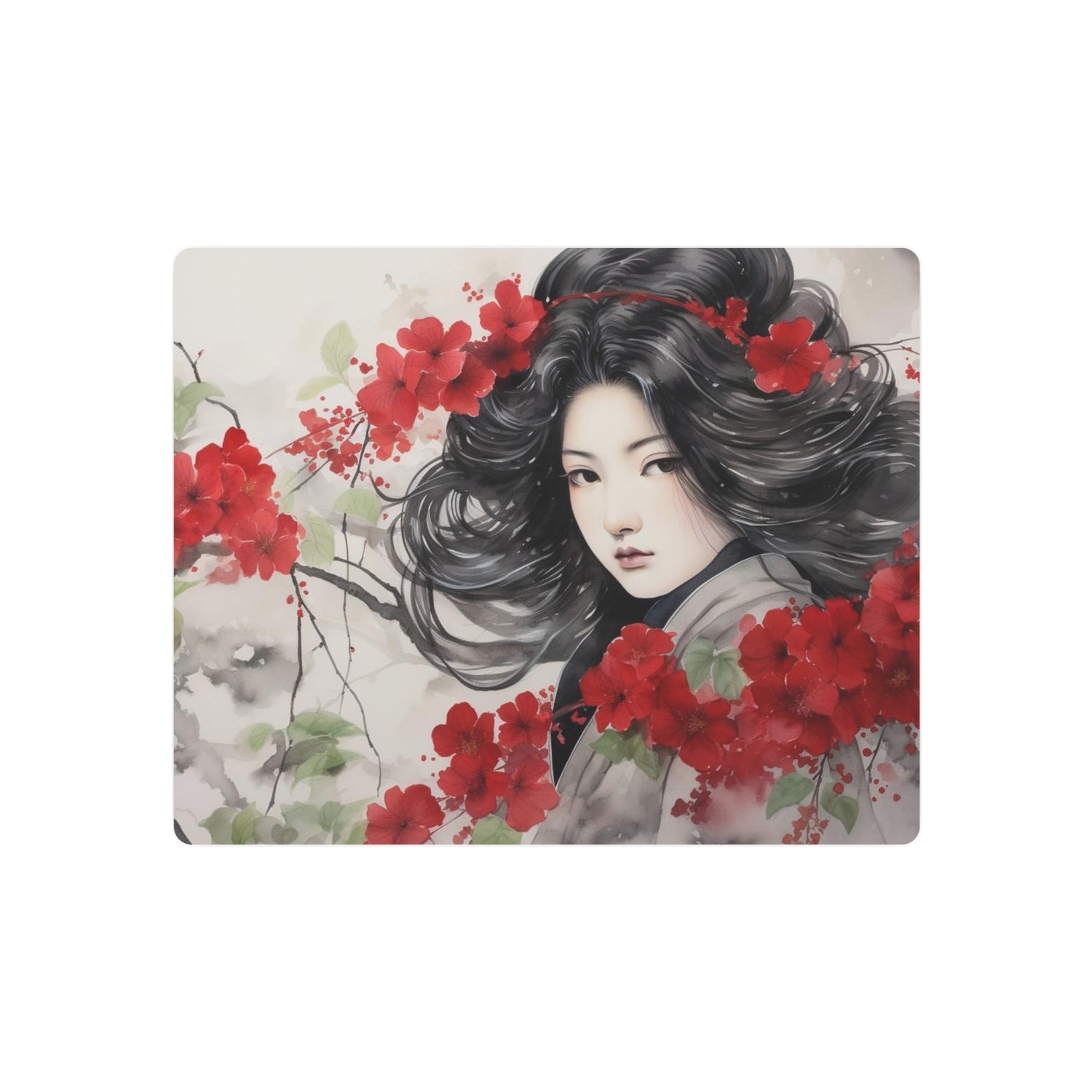 Metal Art Asian Woman with Red Blossoms Decorative Wall Art - The Art Hub
