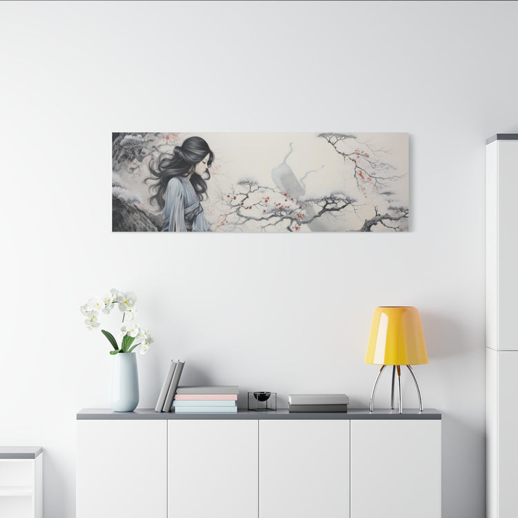 Canvas Wall Art Serene Geisha in Misty Cherry Blossom - The Art Hub