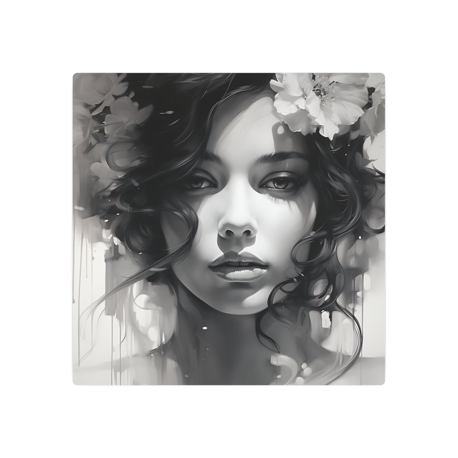 Metal Wall Art Sign — Monochrome Portrait of Woman with Floral Accents - The Art Hub