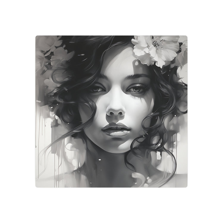 Metal Wall Art Sign — Monochrome Portrait of Woman with Floral Accents - The Art Hub