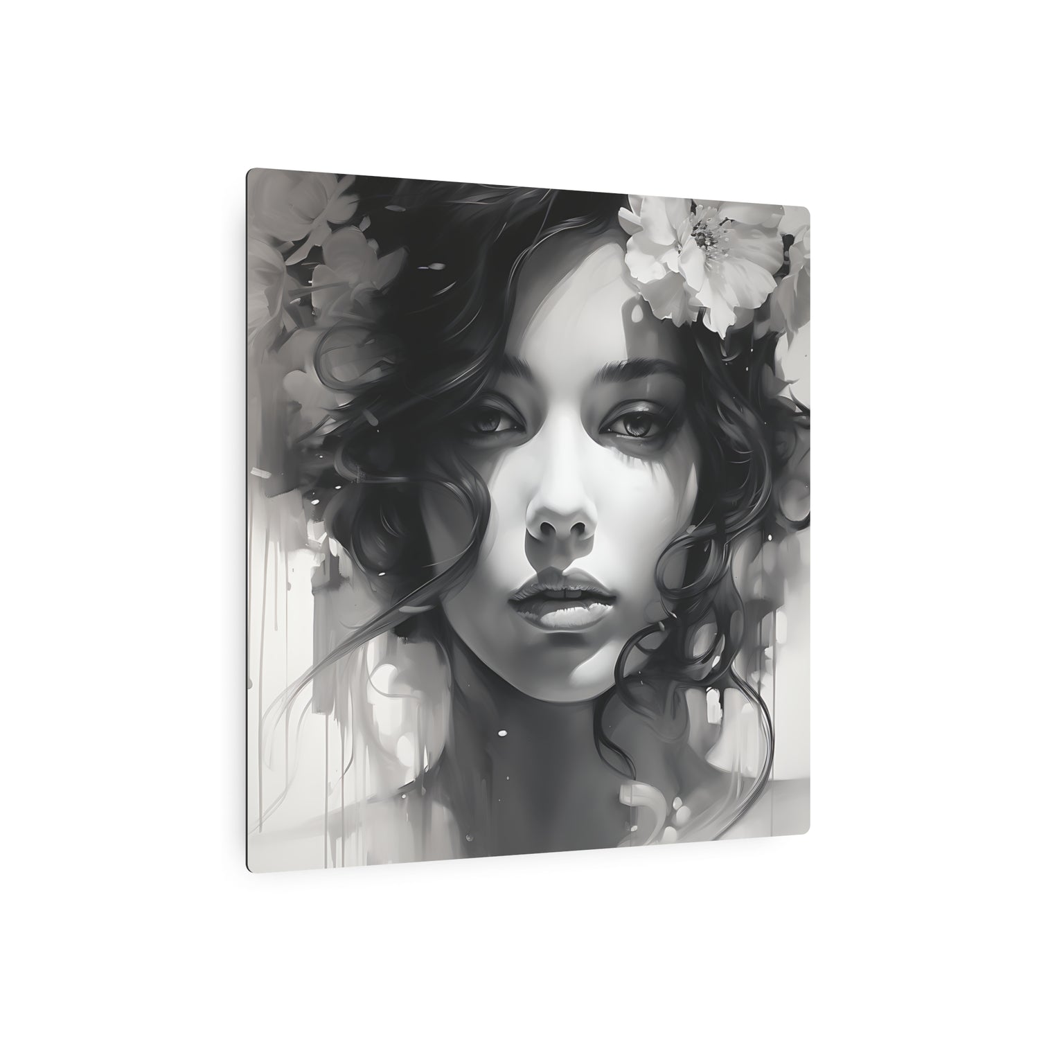 Metal Wall Art Sign — Monochrome Portrait of Woman with Floral Accents - The Art Hub