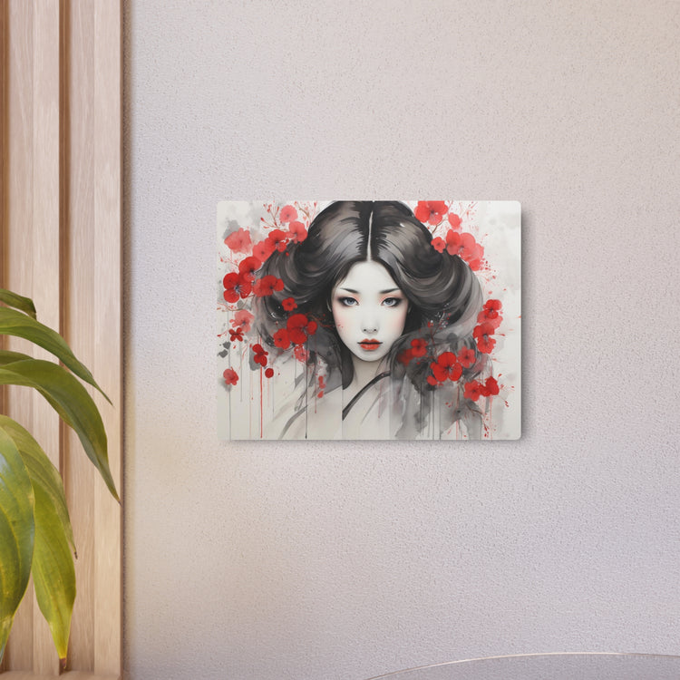 Metal Art Ethereal Geisha Portrait with Red Poppies  Japanese-Inspired Wall Decor - The Art Hub