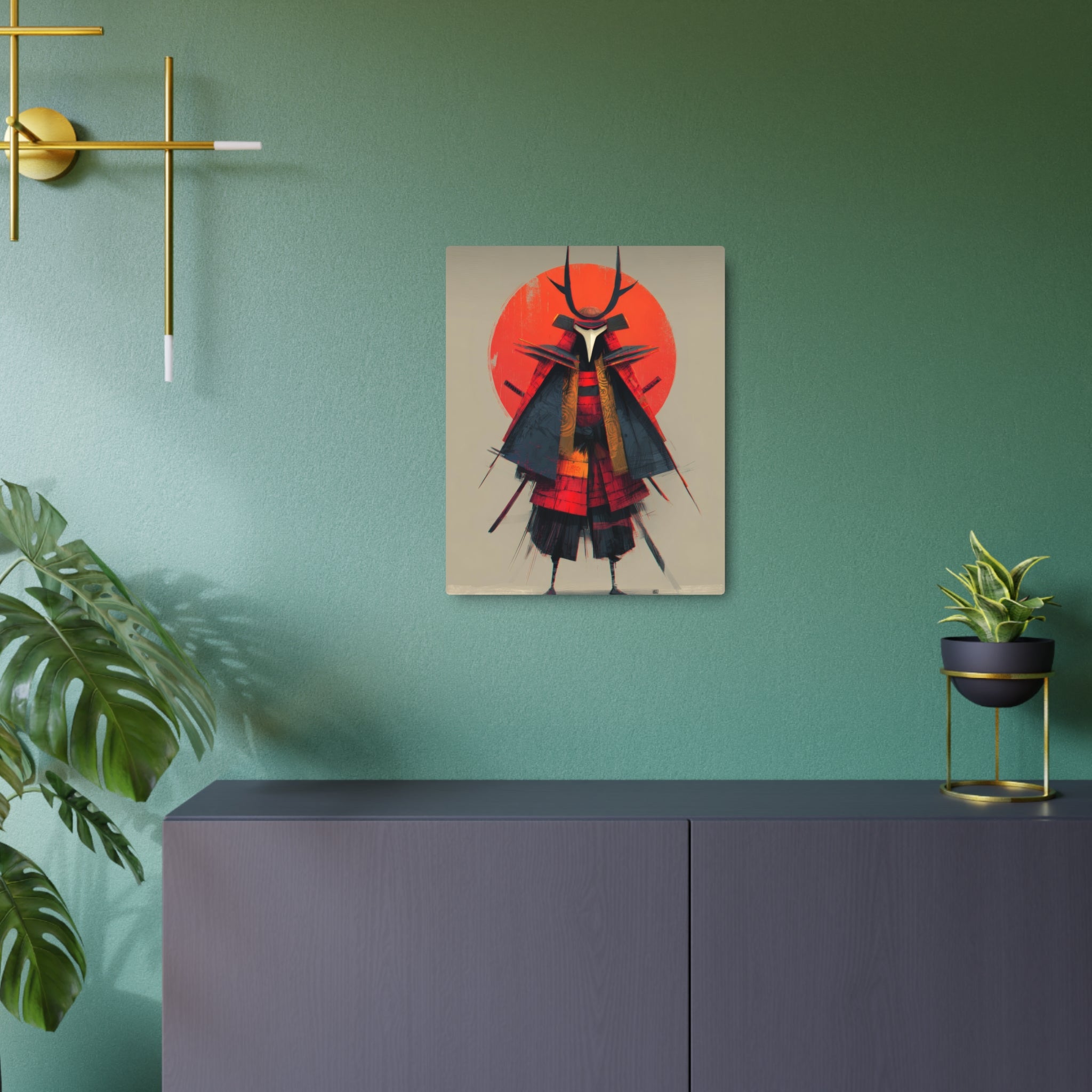 Samurai Metal Art Sign — Red Sun Warrior Wall Decor