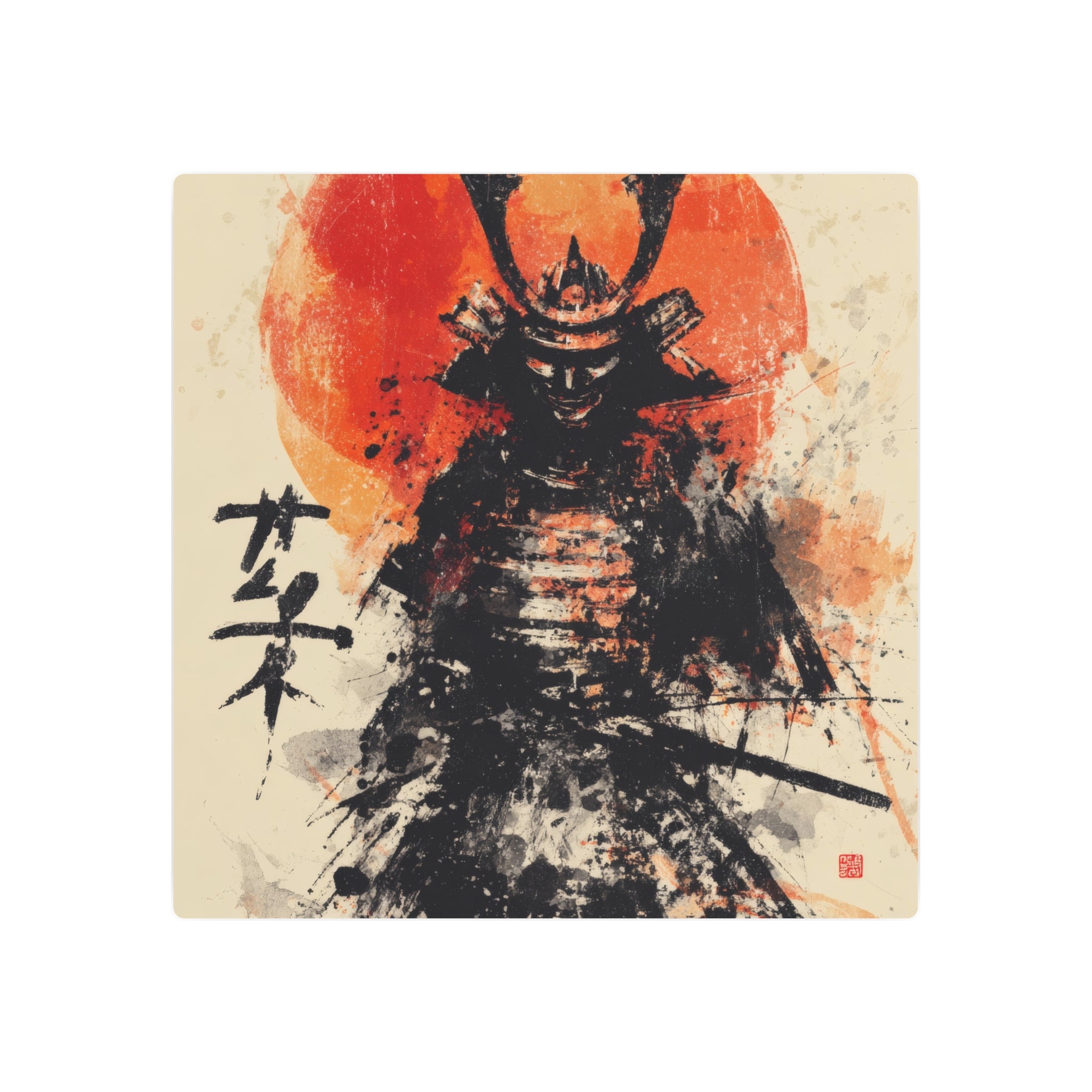 Samurai Metal Art Sign — Ink Wash Warrior with Rising Sun
