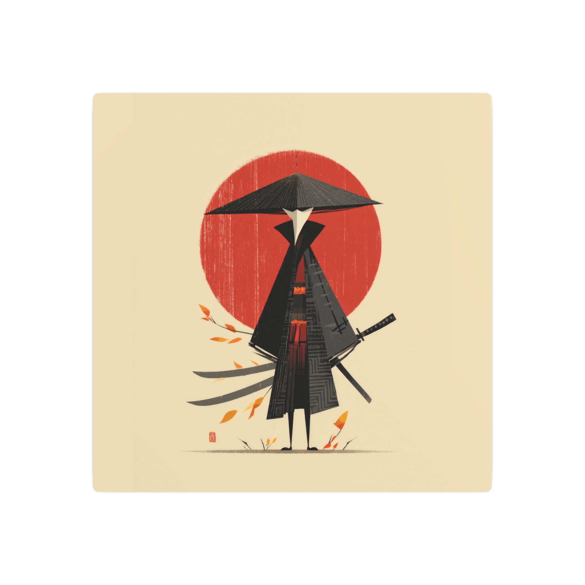 Samurai Metal Art Sign — Minimal Japanese Warrior Wall Decor with Red Sun