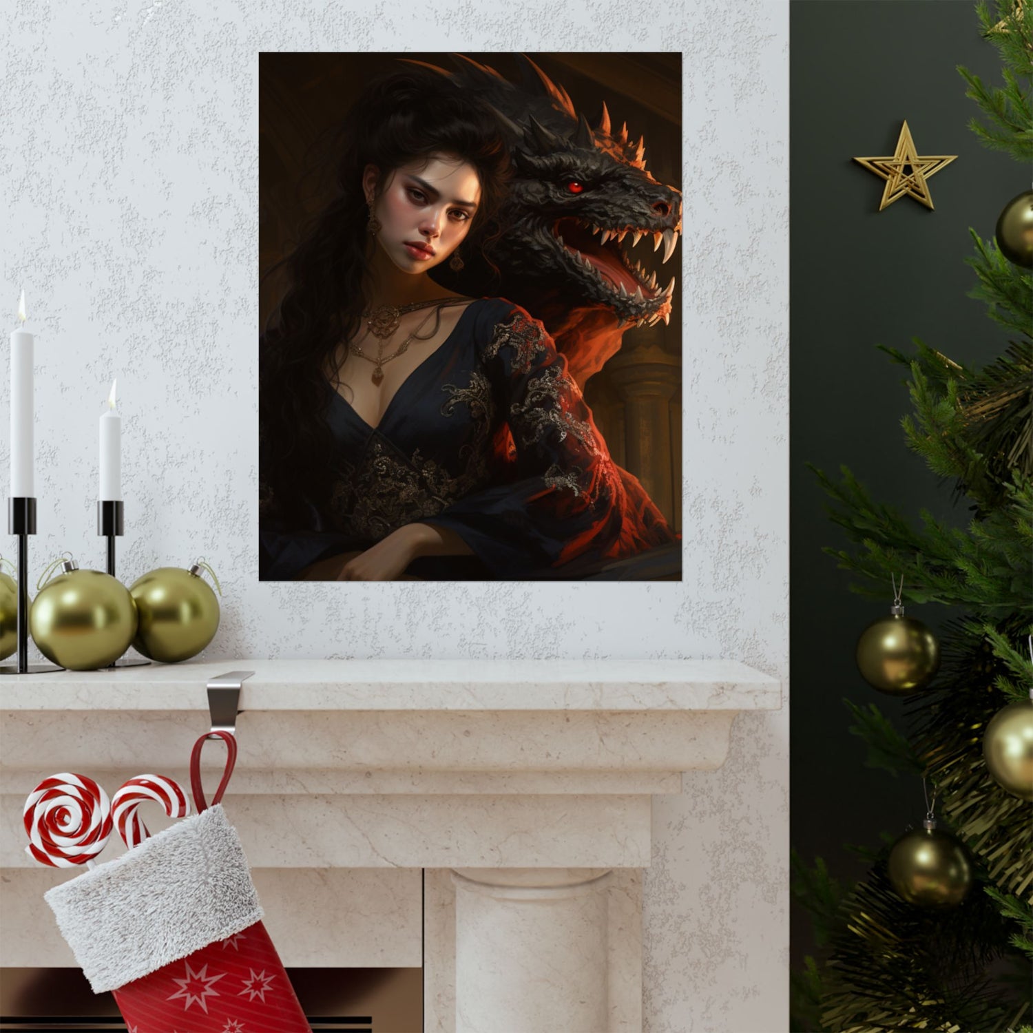 Fantasy Portrait Poster — Dark Sorceress with Dragon Matte Vertical Print - The Art Hub