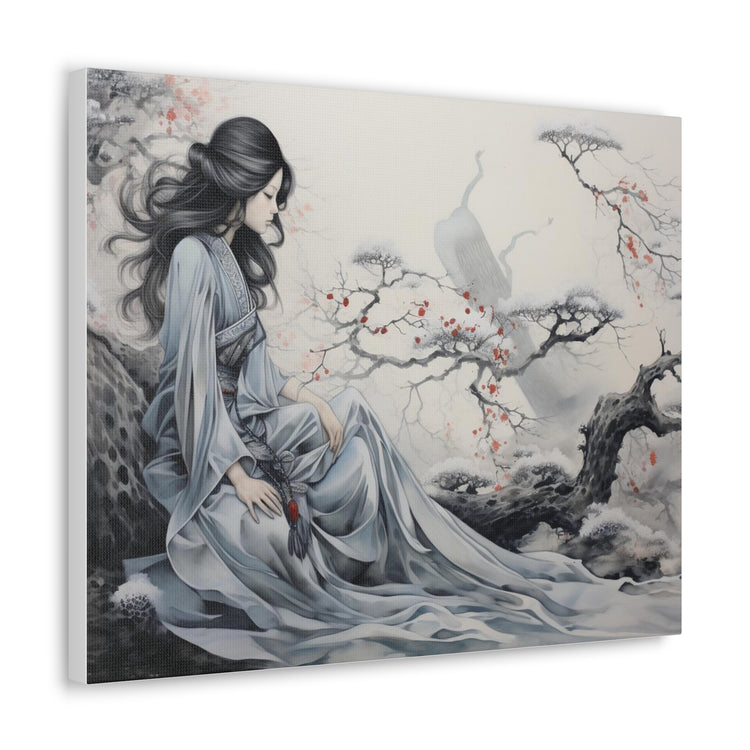 Canvas Wall Art Serene Geisha in Misty Cherry Blossom - The Art Hub