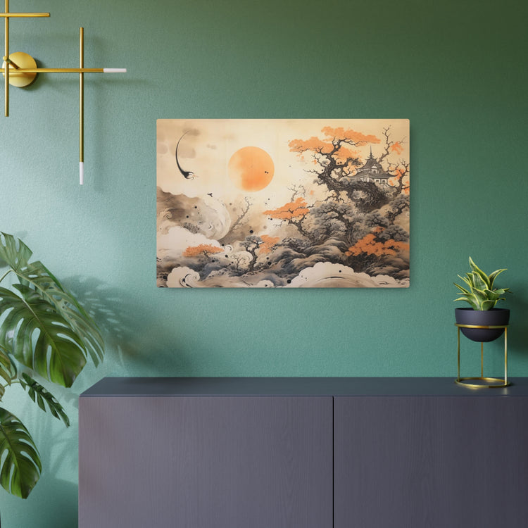 Japanese Landscape Metal Art Orange Sun & Bonsai Trees Wall Decor - The Art Hub