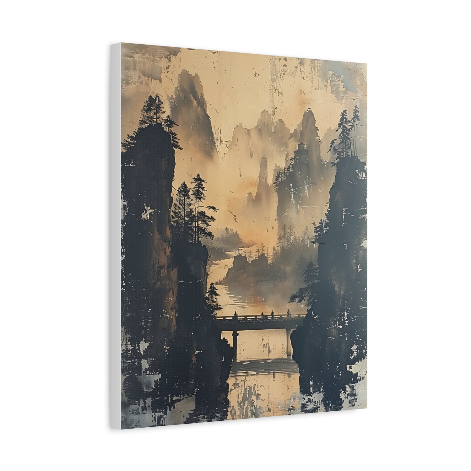 Serene Mountain Bridge Canvas Wall Art — East Asian Landscape Matte Stretched Print - The Art Hub