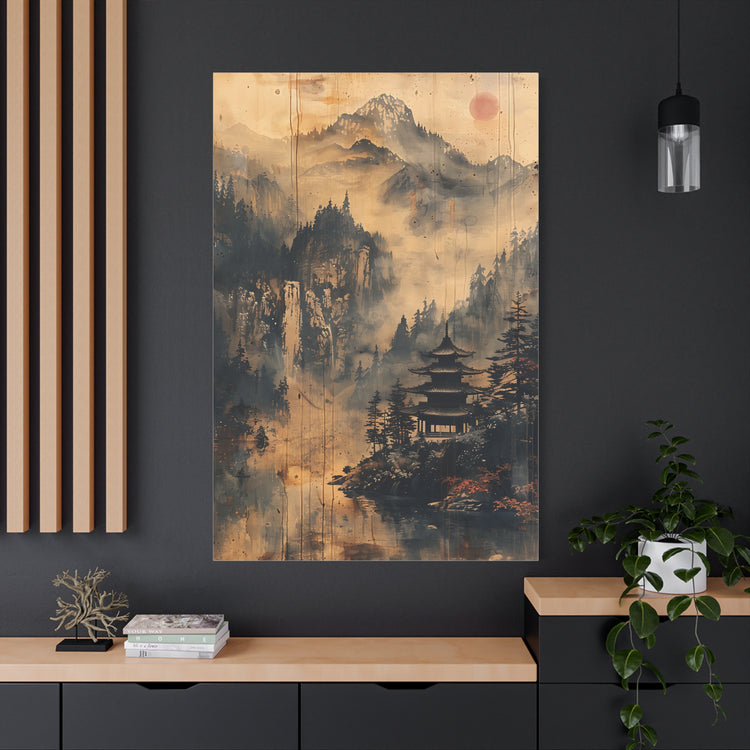 Zen Mountain Mist Canvas Art — Japanese Pagoda Landscape on Stretched Matte Canvas - The Art Hub