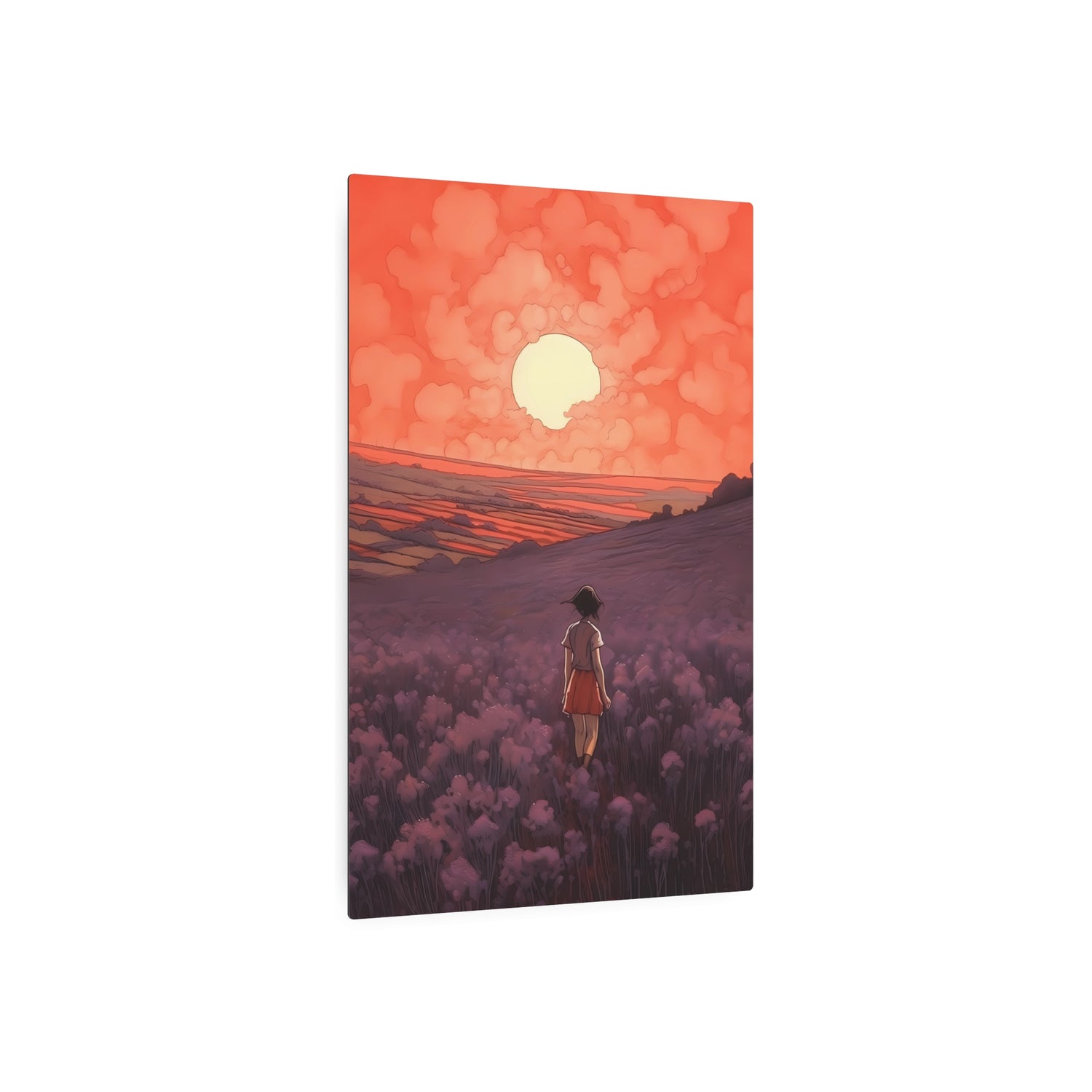 Sunset Meadow Metal Art — Girl Walking Through Lavender Field Wall Decor - The Art Hub