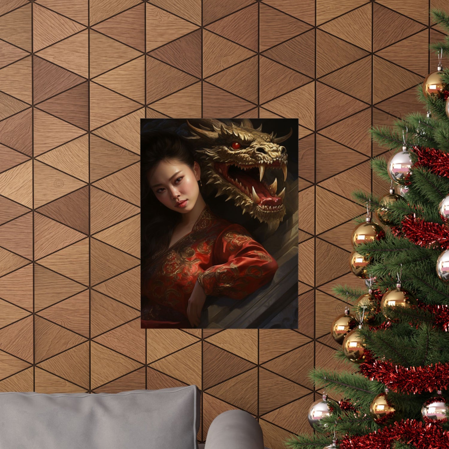 Matte Vertical Poster — Asian Warrior Woman with Dragon Art Print - The Art Hub