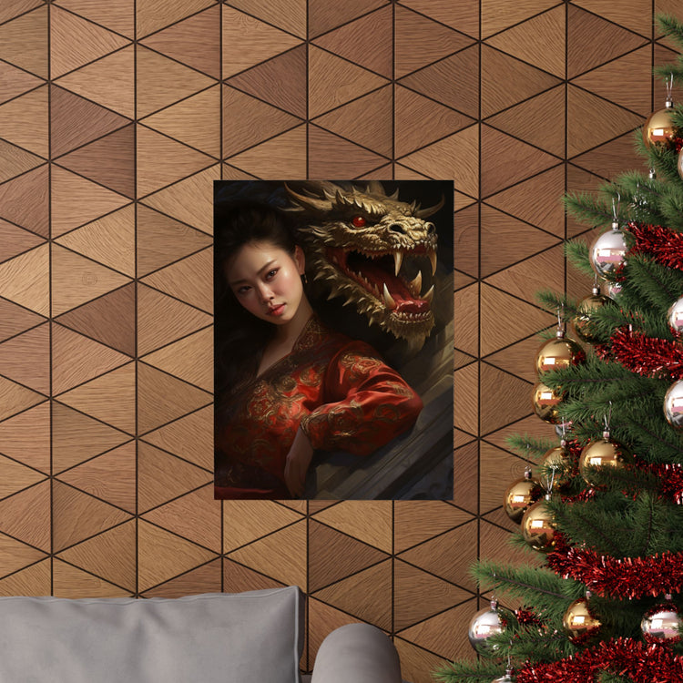 Matte Vertical Poster — Asian Warrior Woman with Dragon Art Print - The Art Hub