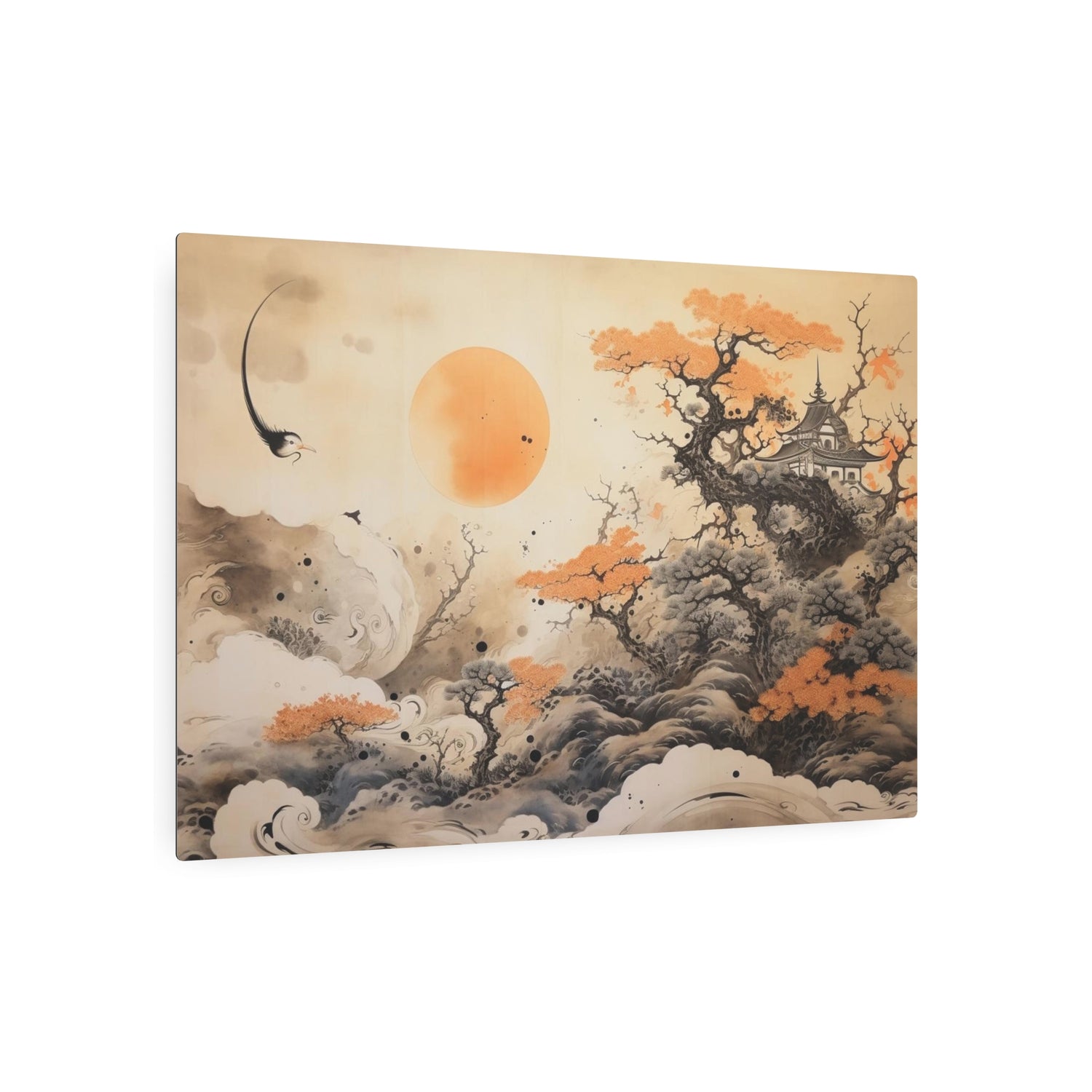 Japanese Landscape Metal Art Orange Sun & Bonsai Trees Wall Decor - The Art Hub