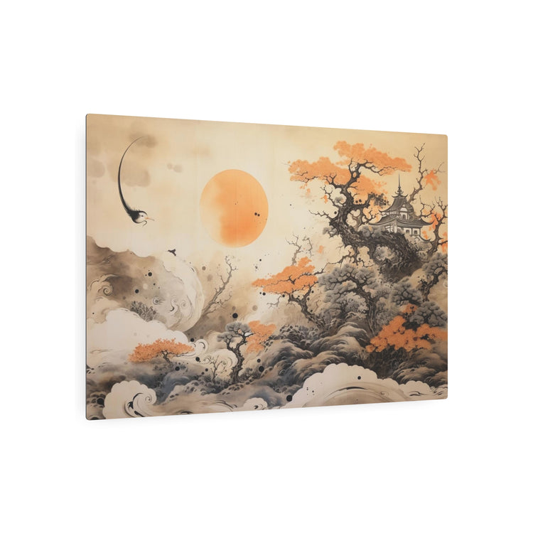 Japanese Landscape Metal Art Orange Sun & Bonsai Trees Wall Decor - The Art Hub