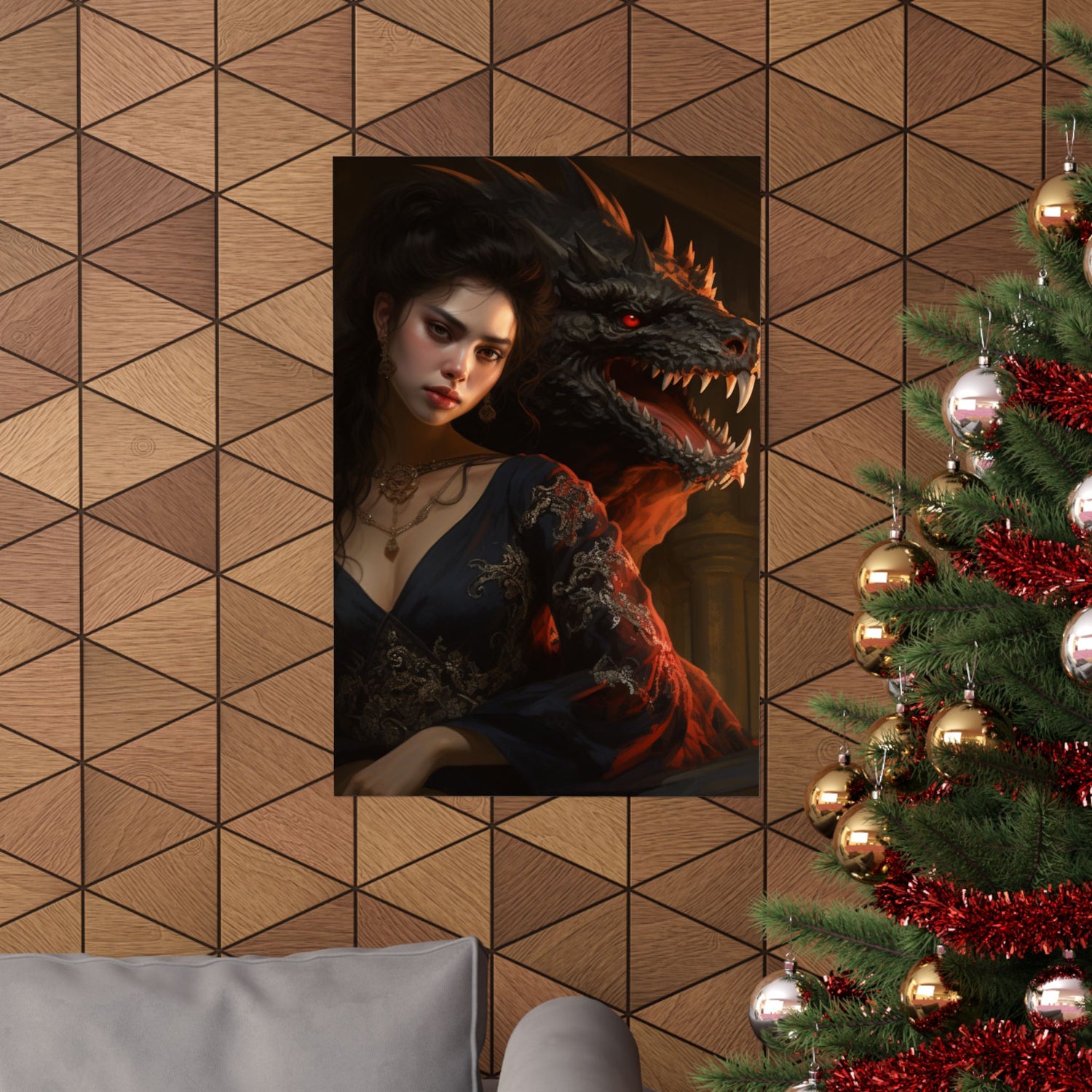 Fantasy Portrait Poster — Dark Sorceress with Dragon Matte Vertical Print - The Art Hub