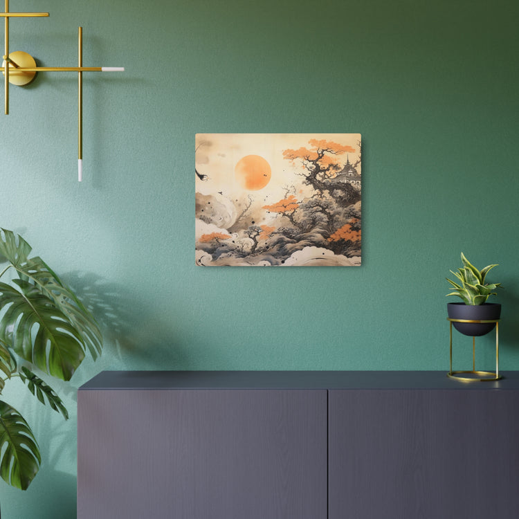 Japanese Landscape Metal Art Orange Sun & Bonsai Trees Wall Decor - The Art Hub