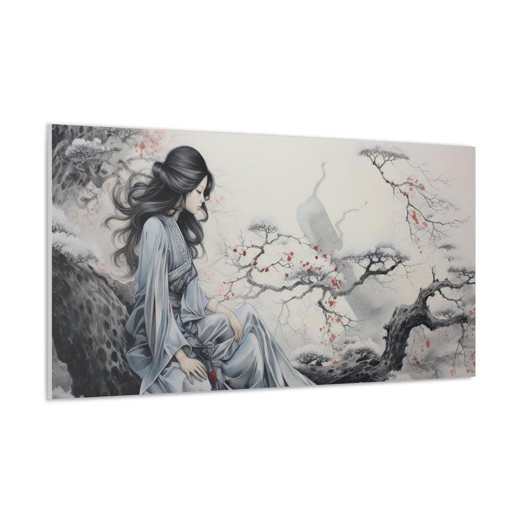 Canvas Wall Art Serene Geisha in Misty Cherry Blossom - The Art Hub