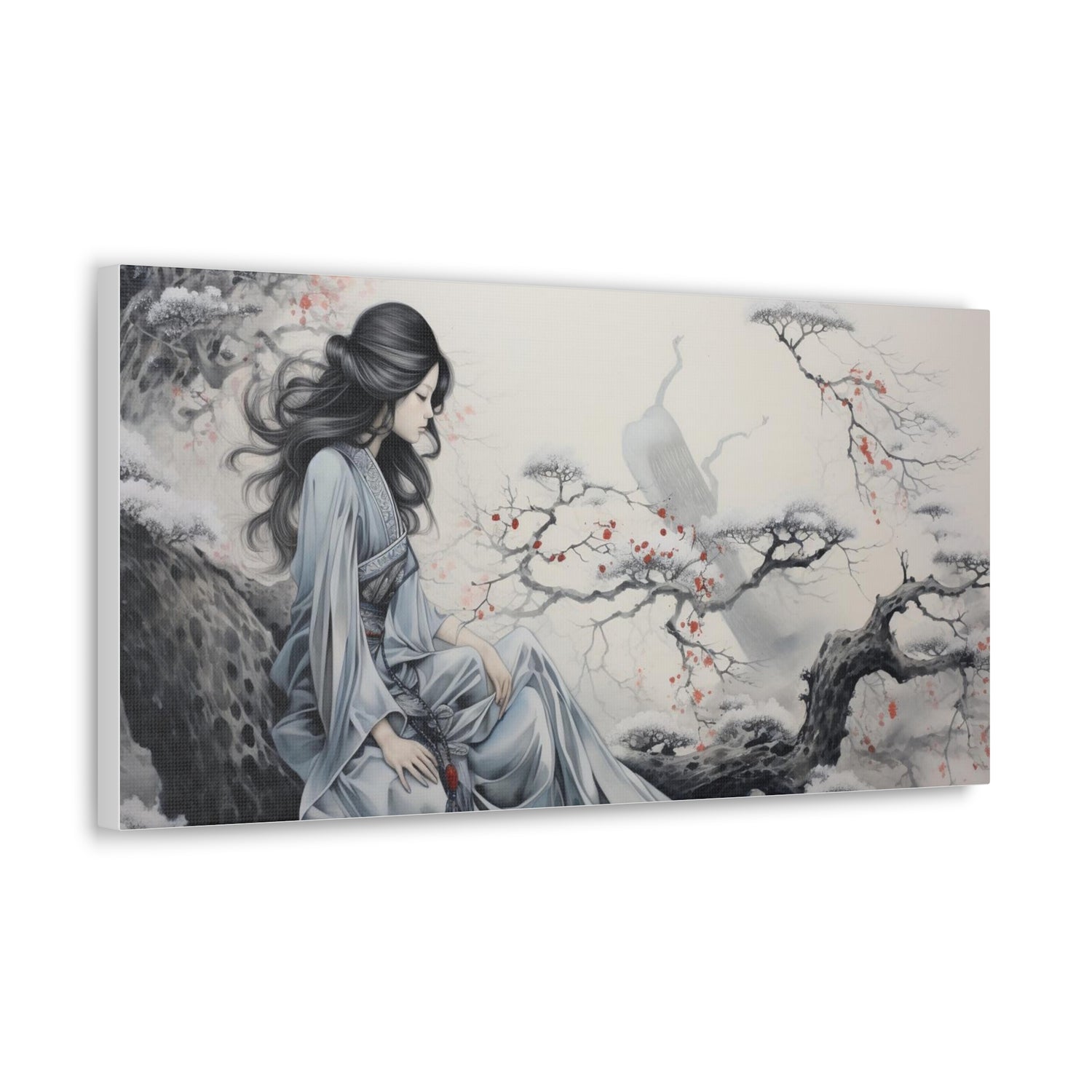 Canvas Wall Art Serene Geisha in Misty Cherry Blossom - The Art Hub