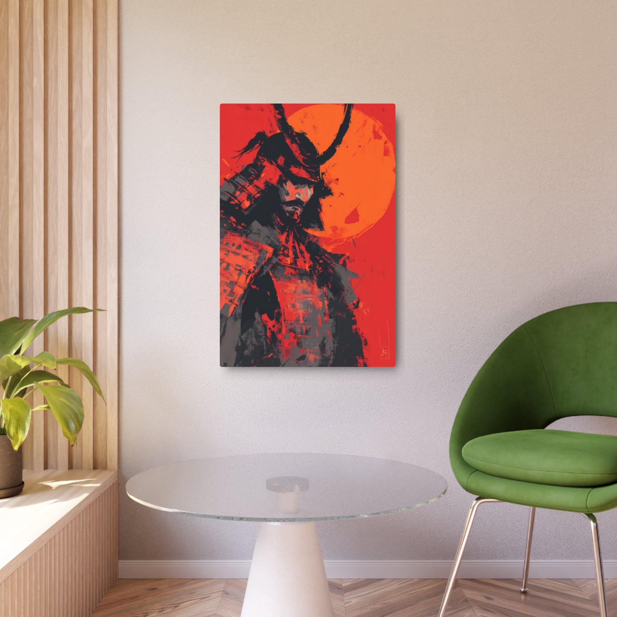 Samurai Moon Metal Art Sign — Red Warrior Wall Decor