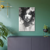 Metal Wall Art Sign — Monochrome Portrait of Woman with Floral Accents - The Art Hub