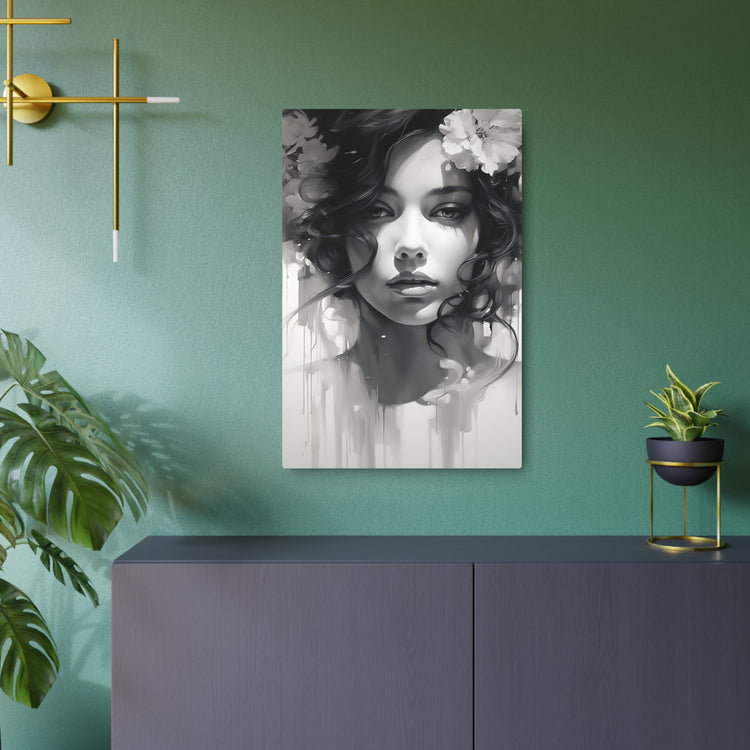 Metal Wall Art Sign — Monochrome Portrait of Woman with Floral Accents - The Art Hub