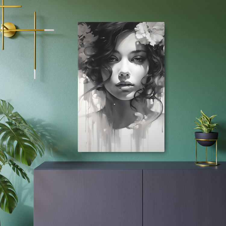 Metal Wall Art Sign — Monochrome Portrait of Woman with Floral Accents - The Art Hub