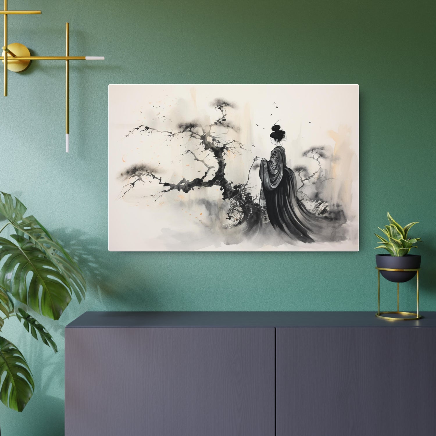 Metal Art Zen Geisha Ink Landscape Wall Plaque - The Art Hub