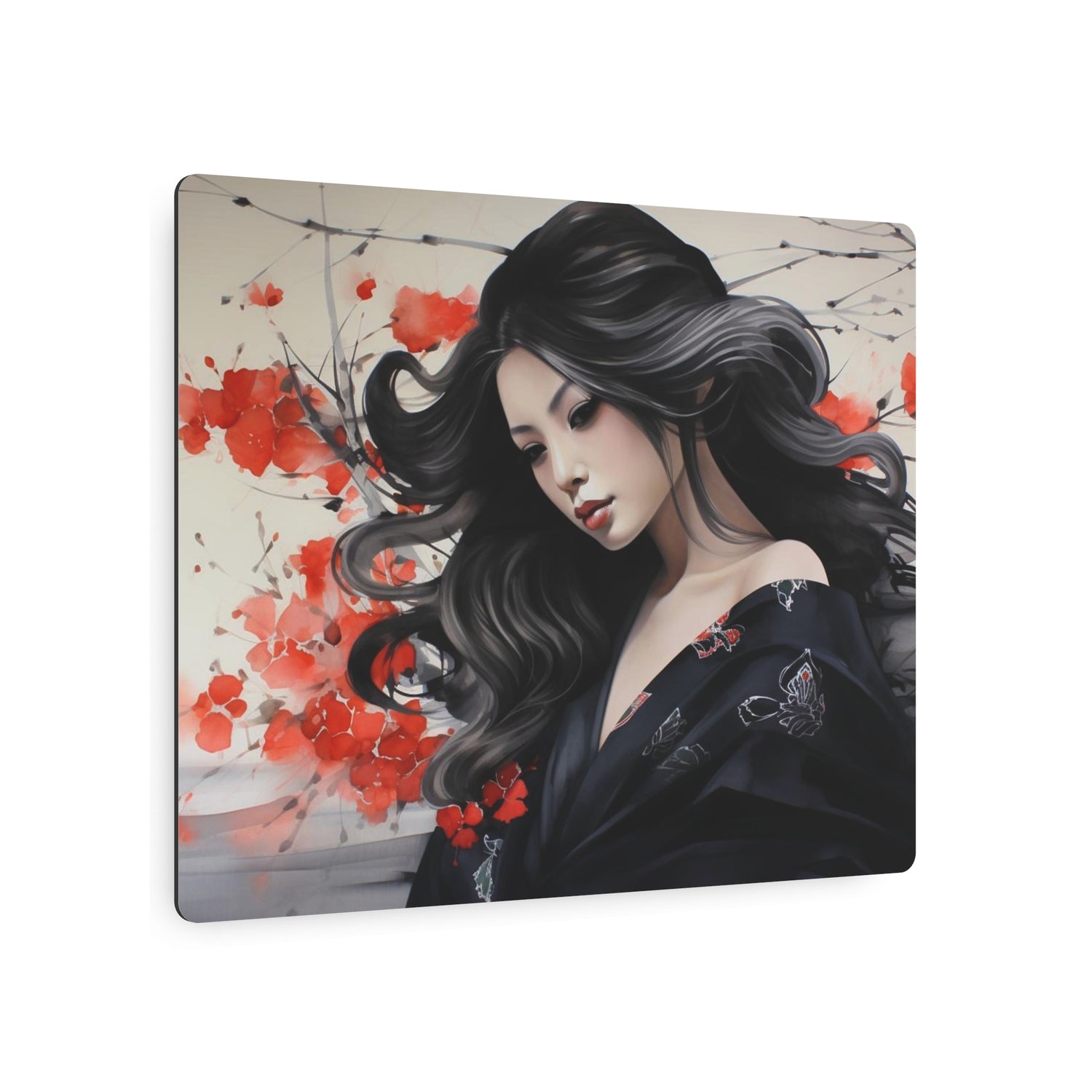 Metal Art Elegant Geisha Portrait Wall Art with Red Poppies | Asian-Inspired Decorative Metal Art - The Art Hub