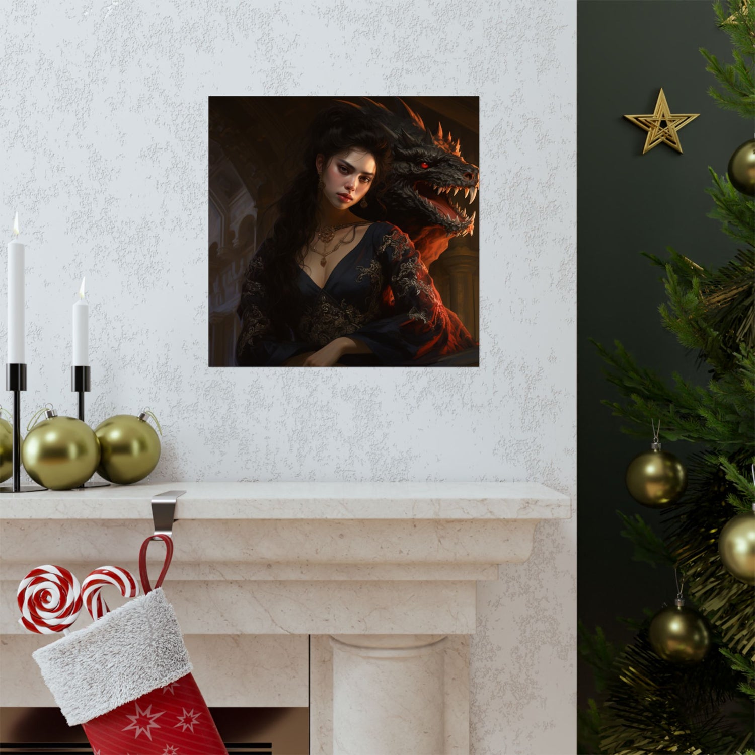 Fantasy Portrait Poster — Dark Sorceress with Dragon Matte Vertical Print - The Art Hub