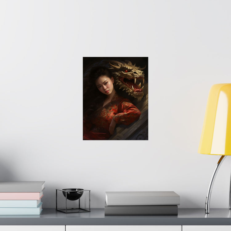 Matte Vertical Poster — Asian Warrior Woman with Dragon Art Print - The Art Hub