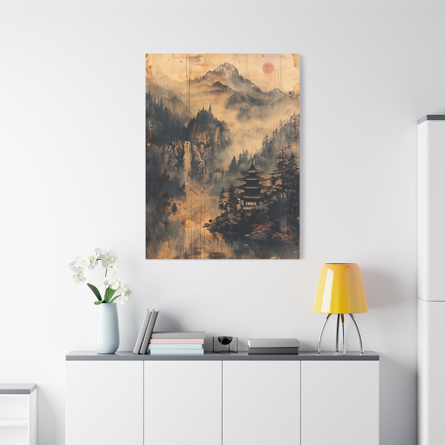 Zen Mountain Mist Canvas Art — Japanese Pagoda Landscape on Stretched Matte Canvas - The Art Hub